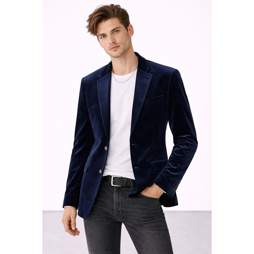 Van Heusen FLEX Navy Velvet Blazer Mens 46R Holiday Party Sport Coat Tailored Fi